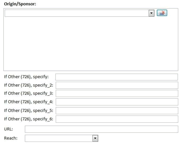 Screenshot shows the second data entry page. Data can be entered for Origin/Sponsor.