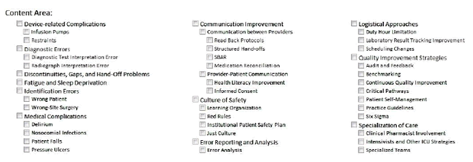 A screenshot shows the second page of the Patient Safety Education and Training Catalog. Search fields include topics under Content Area.