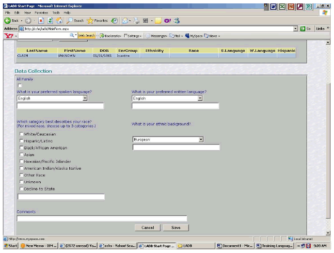 Figure shows a screenshot of the Data Collection. Fields ask for information on preferred spoken and written language, race, and ethnic background.