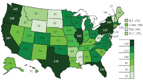 Figure shows a map of U.S. showing the total number of languages spoken in each state. Seven states have 55 to 69 languages, six states and the District of Columbia have 70 to 84 languages, 11 states have 85 to 99 languages, five states have 100 to 114 languages, 12 states have 115 to 129 languages, and nine states have 130 or more languages.