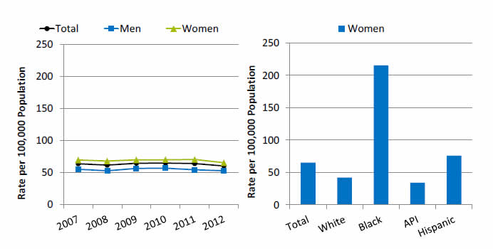 Graph and chart show admissions with hypertension per 100,000 population. Go to tables below for details.