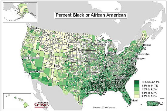 A map of the United States is color-coded by county to show the percentage of Black or African American population.