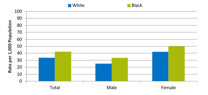 Chart shows adult ambulatory medical care visits due to adverse effects of medical care per 1,000 population. Text descriptions are below the image.