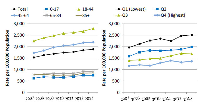 Charts show emergency department visits with a principal diagnosis related to mental health, alcohol, or substance abuse. Text description is below the image.