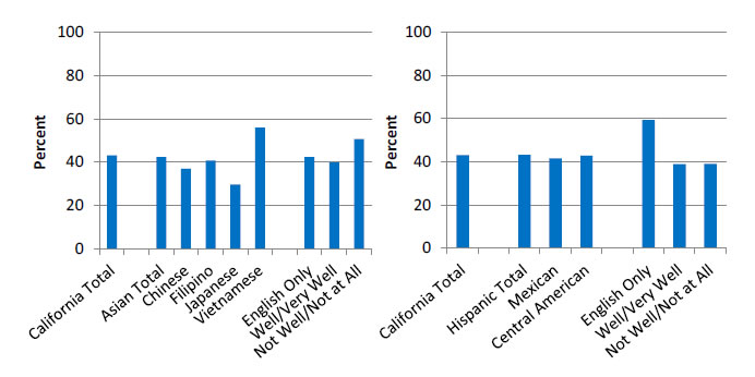 Charts show people with current diabetes who have a written diabetes management plan, by Asian and Hispanic subpopulations and English proficiency for California. Left Chart: California Total - 43.2; Asian Total - 42.3; Chinese - 36.9; Filipino - 40.8; Japanese - 29.7; Vietnamese - 55.9; English Only - 42.3; Well/Very Well - 39.8; Not Well/Not at All - 50.6. Right Chart: California Total - 43.2; Hispanic Total - 43.3; Mexican - 41.6; Central American - 42.9; English Only - 59.4; Well/Very Well - 38.9; Not Well/Not at All - 39.