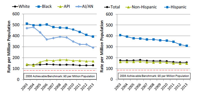 Charts show new cases of end stage renal disease due to diabetes per million population, by race and ethnicity. Text description is below the image.