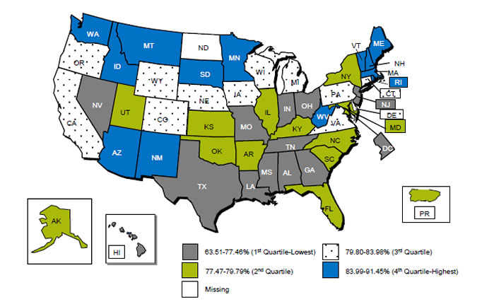 Map of the United States is color-coded by state to show HIV patients with at least one HIV care visit and most recent viral load less than 200 during the year.