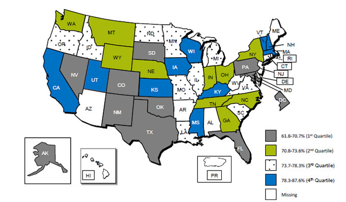 Map of the United States is color-coded by state to show overall rankings by quartile of infants born to women who received early and adequate prenatal care.