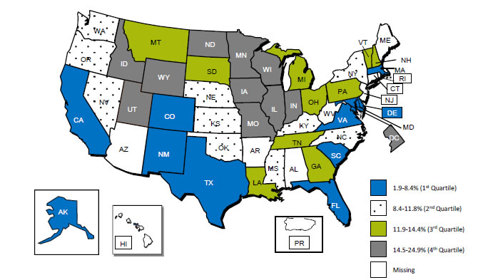 Map of the United States is color-coded by state to show rankings by quartile for the absolute differences between percentages of White and Black infants whose mothers receivedearly and adequate prenatal care.