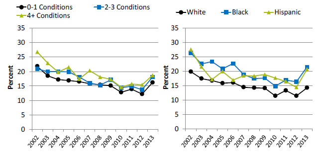 Charts show people with a usual source of care who sometimes or never asked the person to help make decisions when there was a choice between treatments, by number of chronic conditions and ethnicity. Text description is below the image.