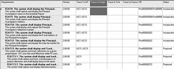 A sample screenshot of a data table for a project's lifecycle is shown; the 'Trace to Design' column is highlighted.