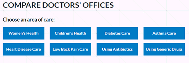 Set of 8 blue boxes arranged in 2 rows. In the first row the boxes are labeled: Women's Health, Children's Health, Diabetes Care, and Asthma Care. In the second row they are labeled: Heart Disease Care, Lower Back Pain Care, Using Antibiotics, and Using Generic Drugs.