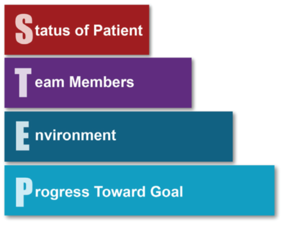 STEP stands for status of patient, team members, environment, and progress toward goal.